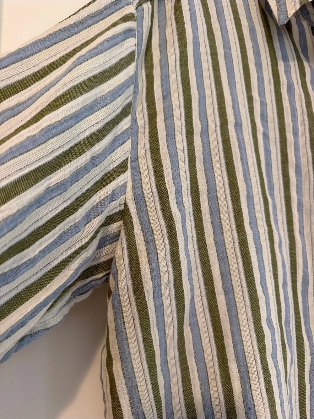 aerie Olive Green, Blue and White Striped Button-Down Shirt (NWT)